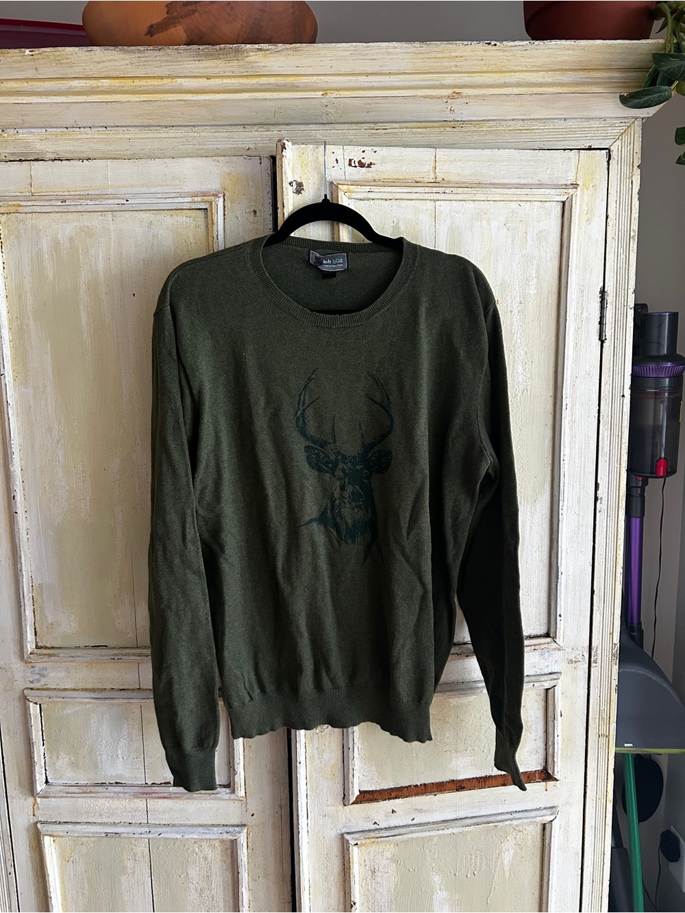 Loft 604 Olive Green Crewneck Sweater with Deer Motif